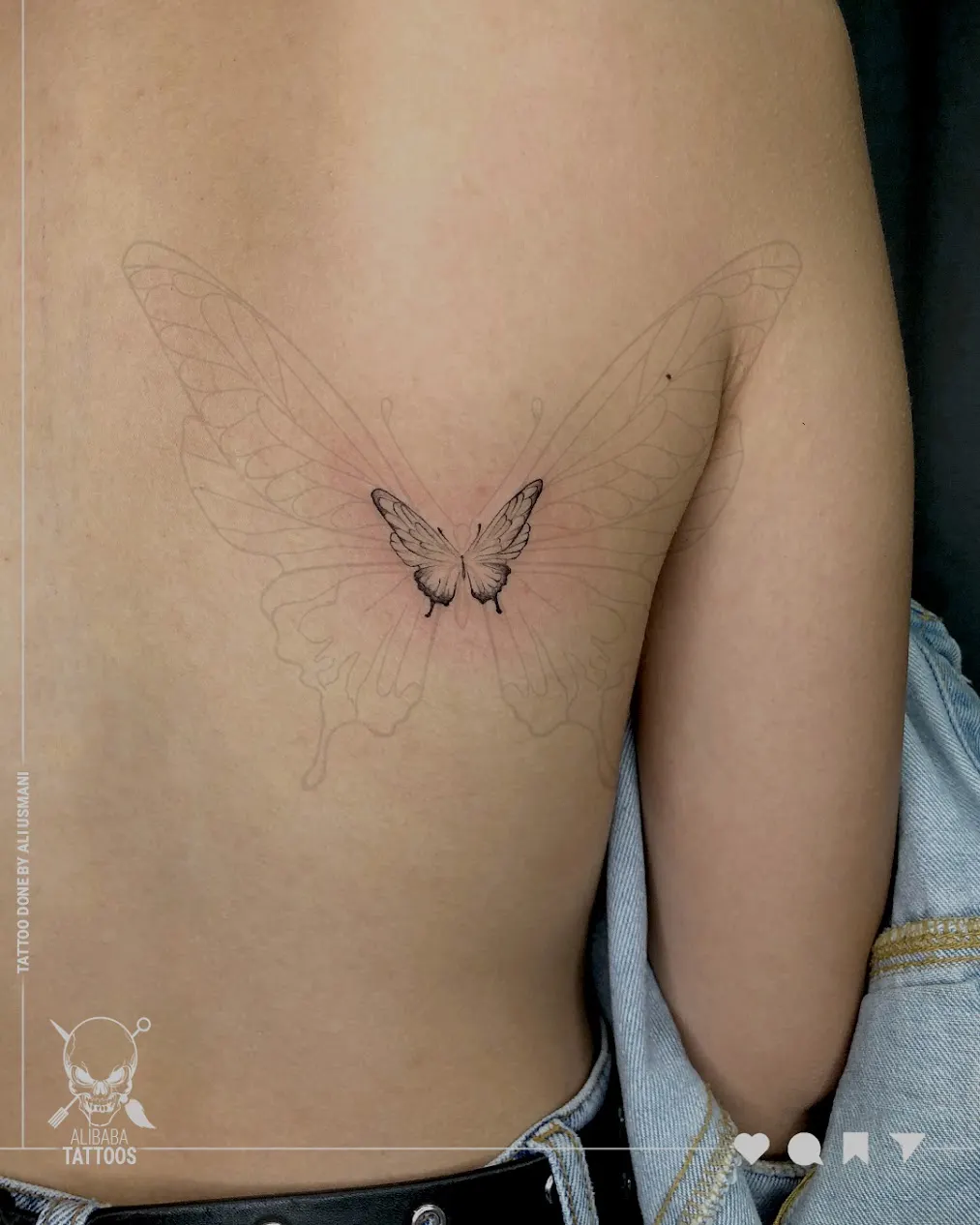 Fine line butterfly tattoo design crafted by Alibaba Tattoos Mumbai